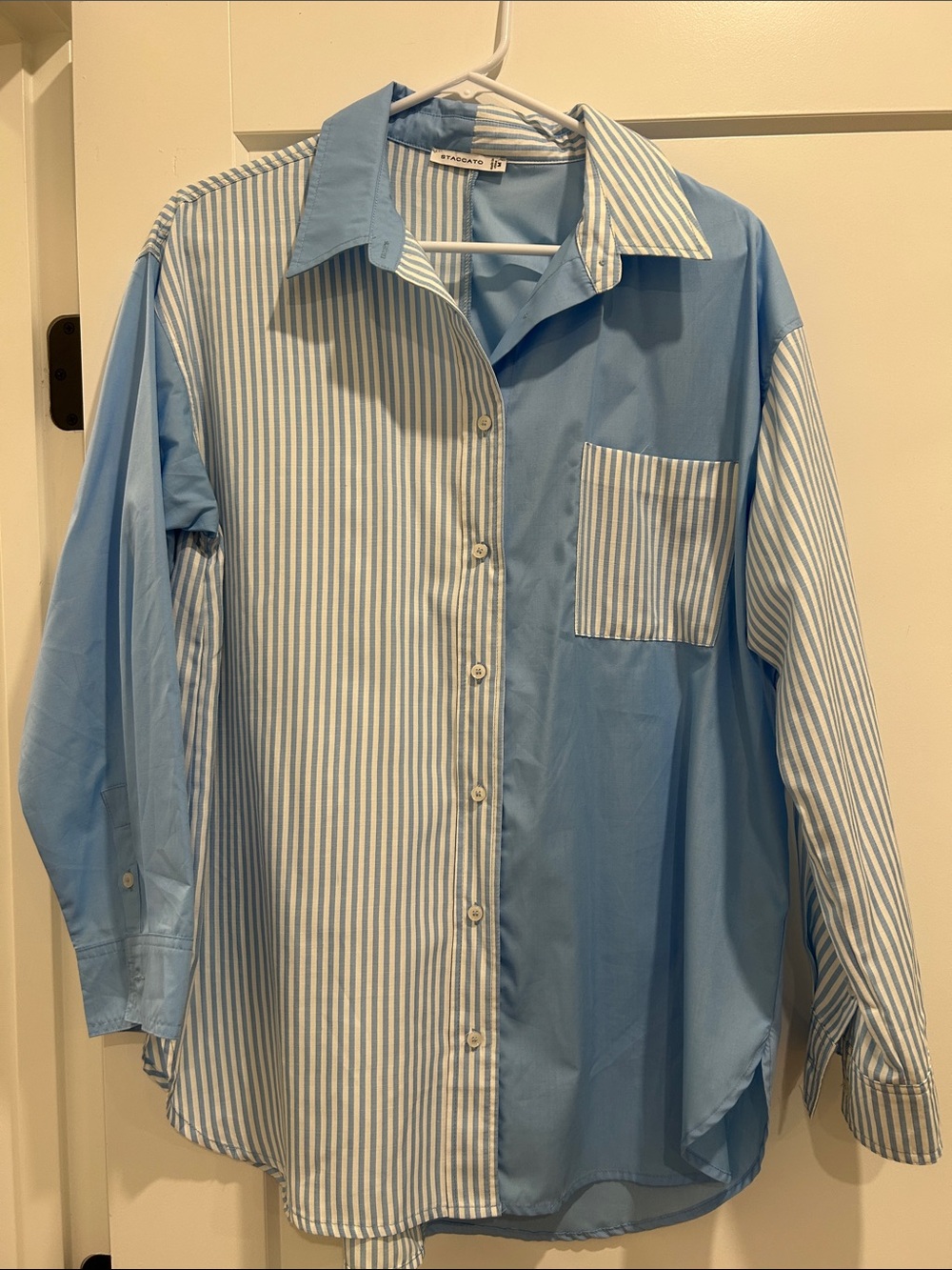 Staccato Light Blue and White Mixed-Panel Button-Down Shirt
